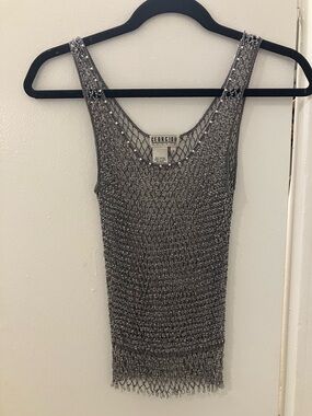 Georgiou Studio Vintage Y2K Gray Silver Open Work Crochet Beaded Tank Top Sz M